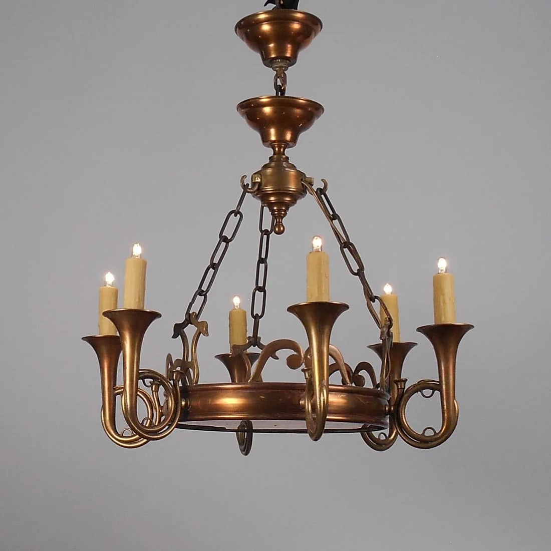 1970s Copper & Brass Bugle Arm Chandelier - 2