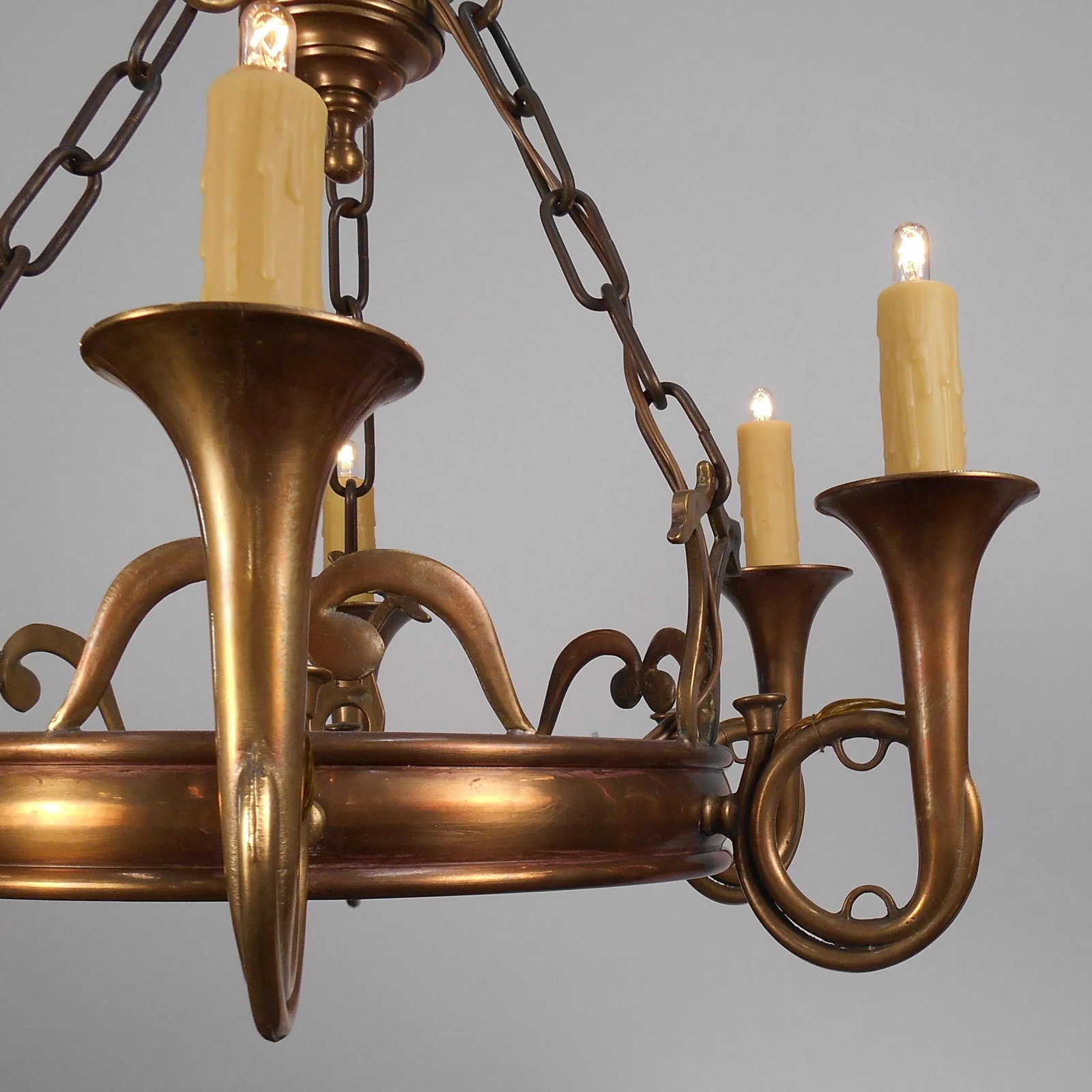 1970s Copper & Brass Bugle Arm Chandelier - 3