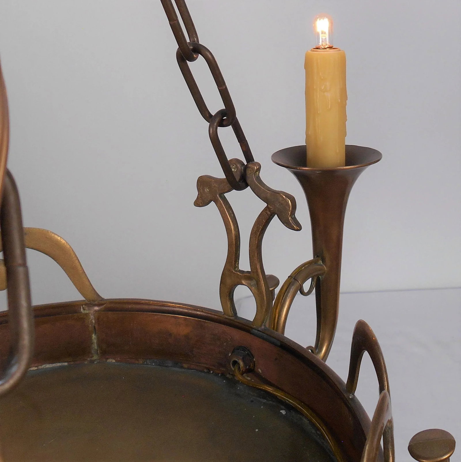 1970s Copper & Brass Bugle Arm Chandelier - 6