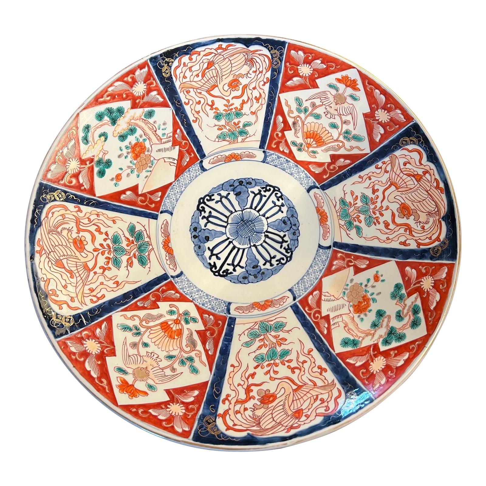 19th Century Edo-Meiji Era Large Japanese Imari Charger: What a beautiful 19th century Edo-Meiji Era Japanese Ceramic Imari Charger. The colors are rich and vibrant with a subtle mix of green, red, orange and blue with gold leaf highlights. Elaborate
