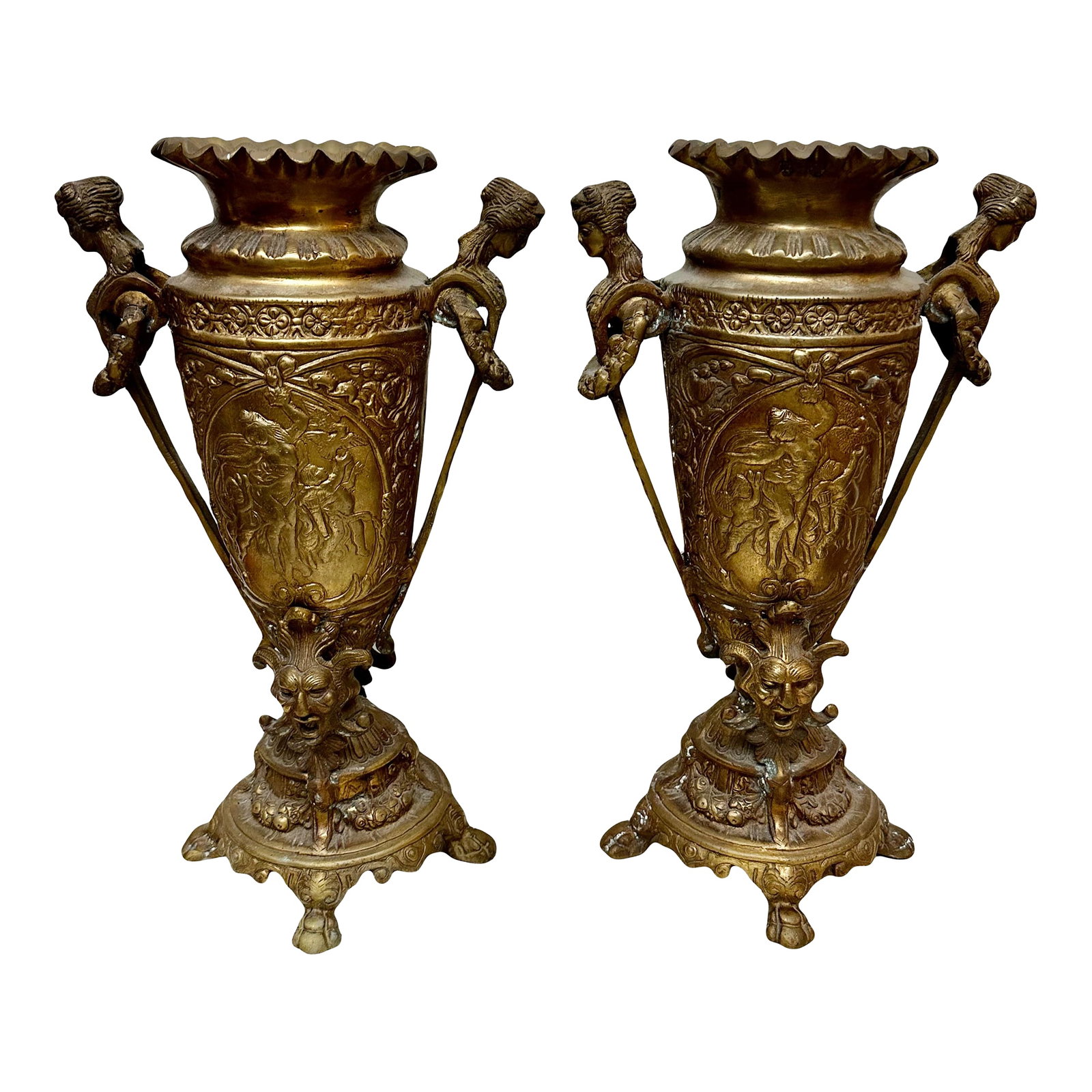 Late 20th Century Pair of Bronze French Neoclassical Figural Handle Urns: Pair of Bronze French Neoclassical Figural Handle Urn. Solid bronze gilt. Measures 15" tall Condition: Alterations: Original Condition Unaltered Imperfections: Some Imperfections Condition Notes:
