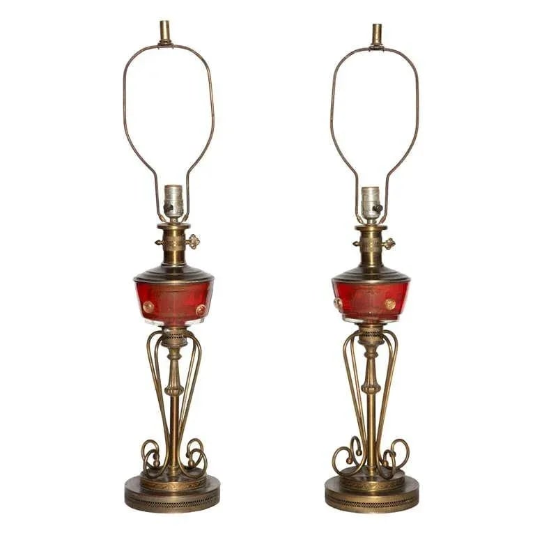 Tall Red Murano Glass and Brass Oil Lamp Style Table Lamps, 1940s - A Pair - 10