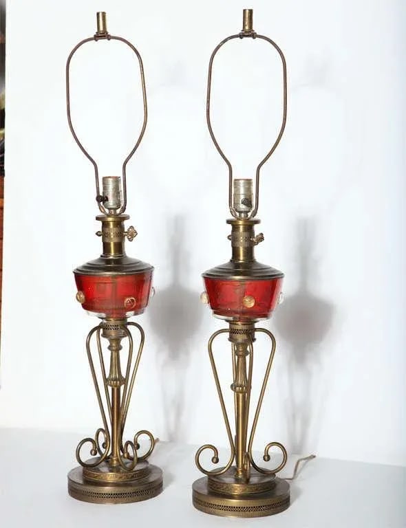 Tall Red Murano Glass and Brass Oil Lamp Style Table Lamps, 1940s - A Pair - 2
