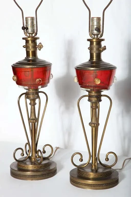 Tall Red Murano Glass and Brass Oil Lamp Style Table Lamps, 1940s - A Pair - 3