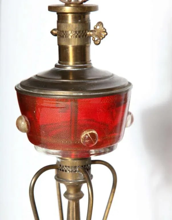 Tall Red Murano Glass and Brass Oil Lamp Style Table Lamps, 1940s - A Pair - 4