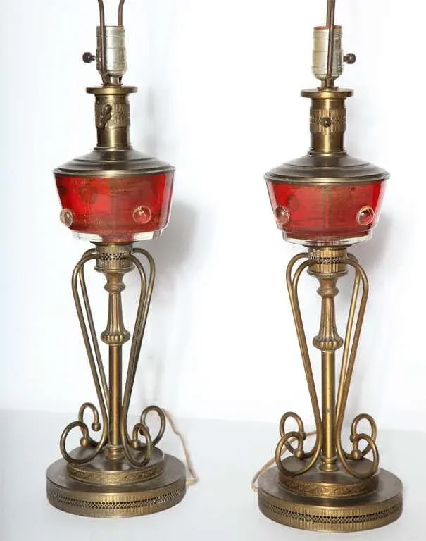 Tall Red Murano Glass and Brass Oil Lamp Style Table Lamps, 1940s - A Pair - 8