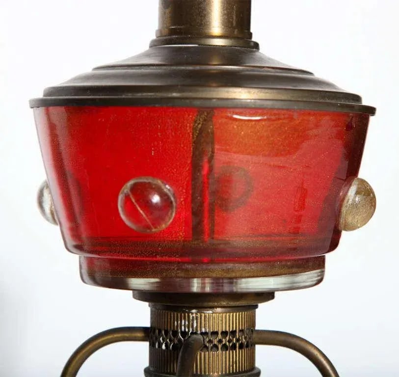 Tall Red Murano Glass and Brass Oil Lamp Style Table Lamps, 1940s - A Pair - 9