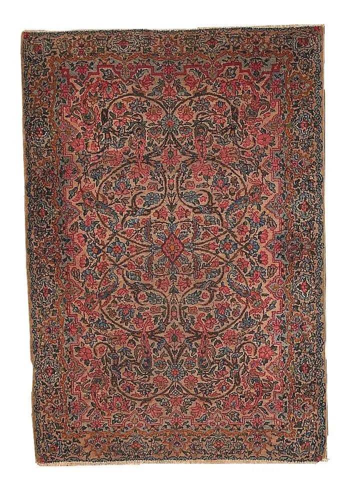 1920s Hand Made Antique Persian Kerman Rug 3.2' X 4.9': Persian Kerman rug with decorative garden design. The combination of sky blue and rose flowers with a green leaves makes this rug look very elegant and graceful. -in original condition: some age ware,