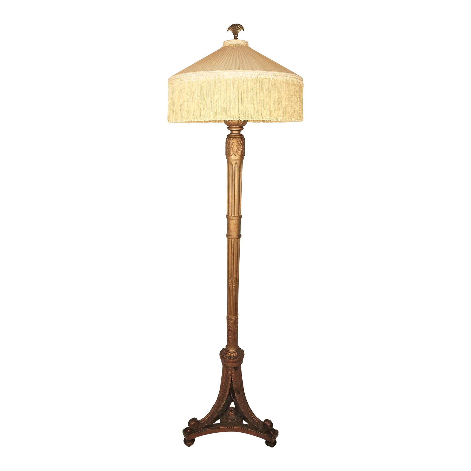 1940s Tall Gold Gilded Wooden Floor Lamp: A tall antique gold gilded wooden floor lamp. All craved with a wide triangular base. Double bronze pull chain socket. Gilded gold is a darker aged color. Heavy brass large fan finial. Shown with a vi