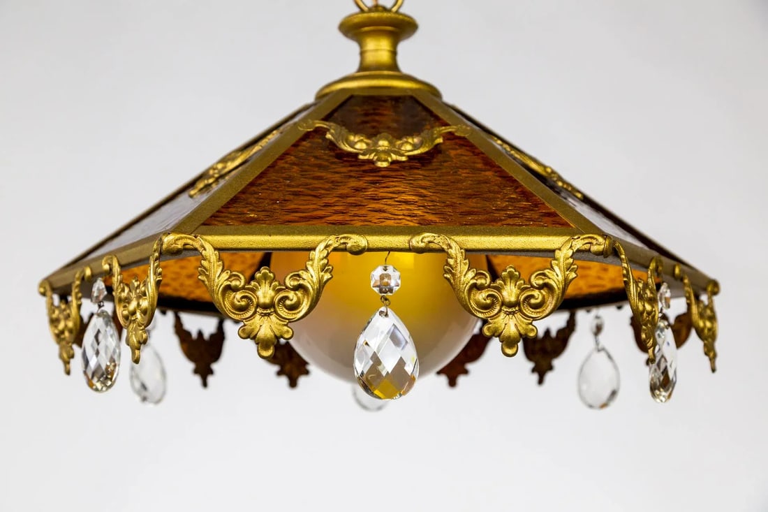 Mid 20th Century Paneled Amber Glass Pendant Light With Crystal Accents - 10