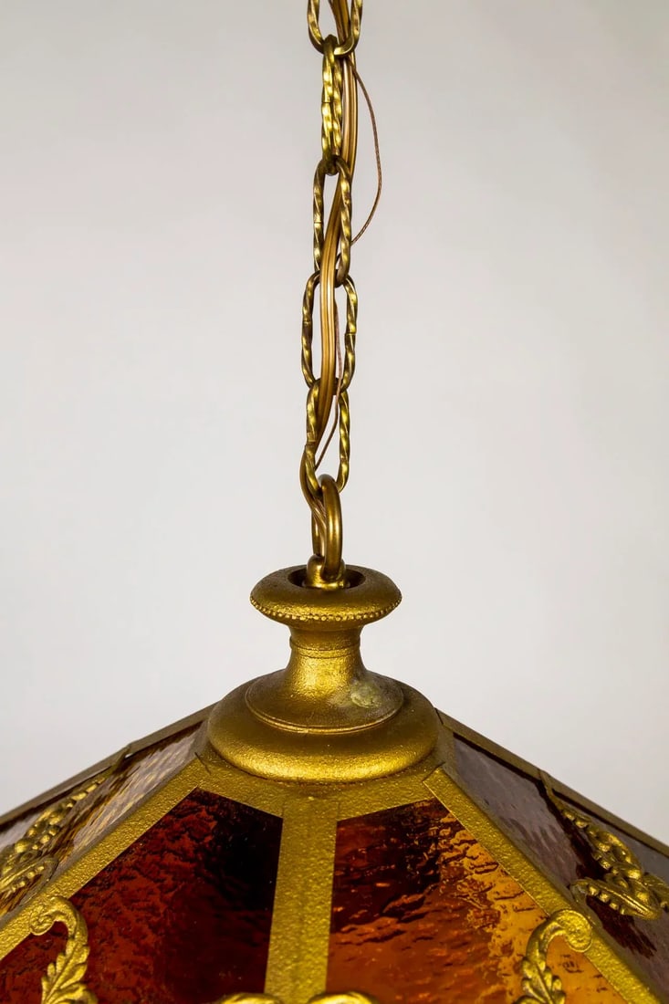 Mid 20th Century Paneled Amber Glass Pendant Light With Crystal Accents - 11