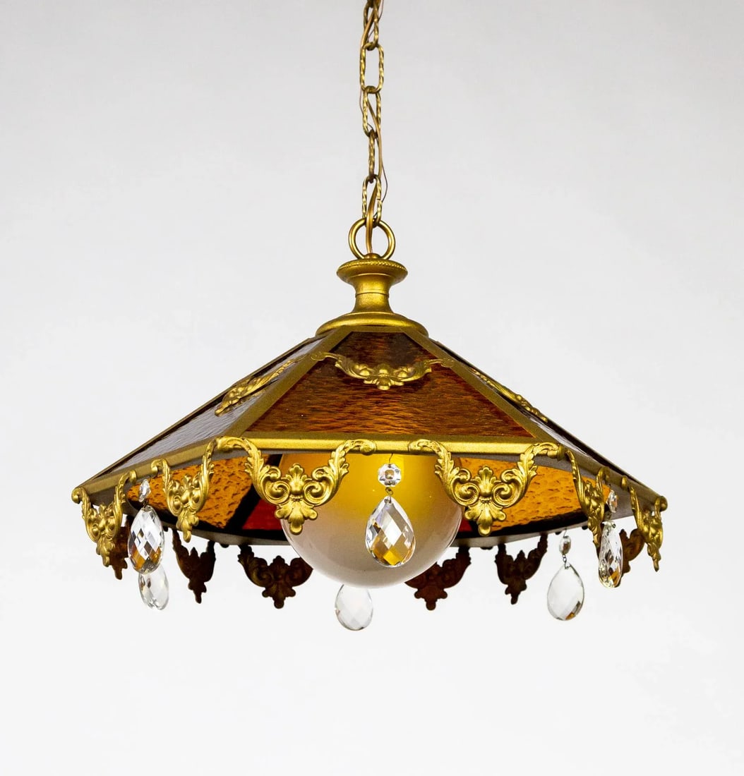 Mid 20th Century Paneled Amber Glass Pendant Light With Crystal Accents - 13