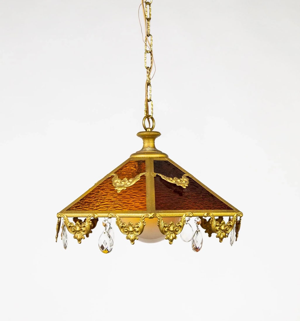 Mid 20th Century Paneled Amber Glass Pendant Light With Crystal Accents - 2