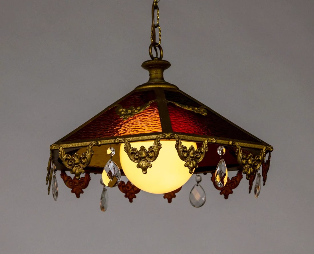 Mid 20th Century Paneled Amber Glass Pendant Light With Crystal Accents - 3