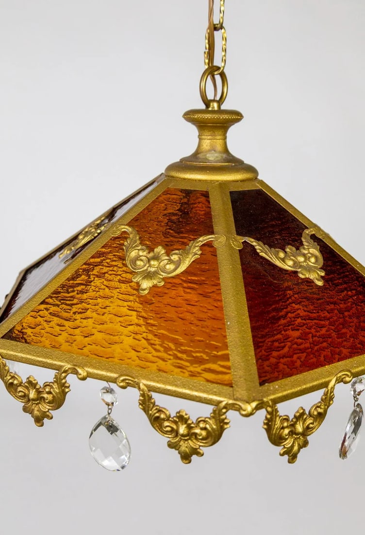 Mid 20th Century Paneled Amber Glass Pendant Light With Crystal Accents - 4
