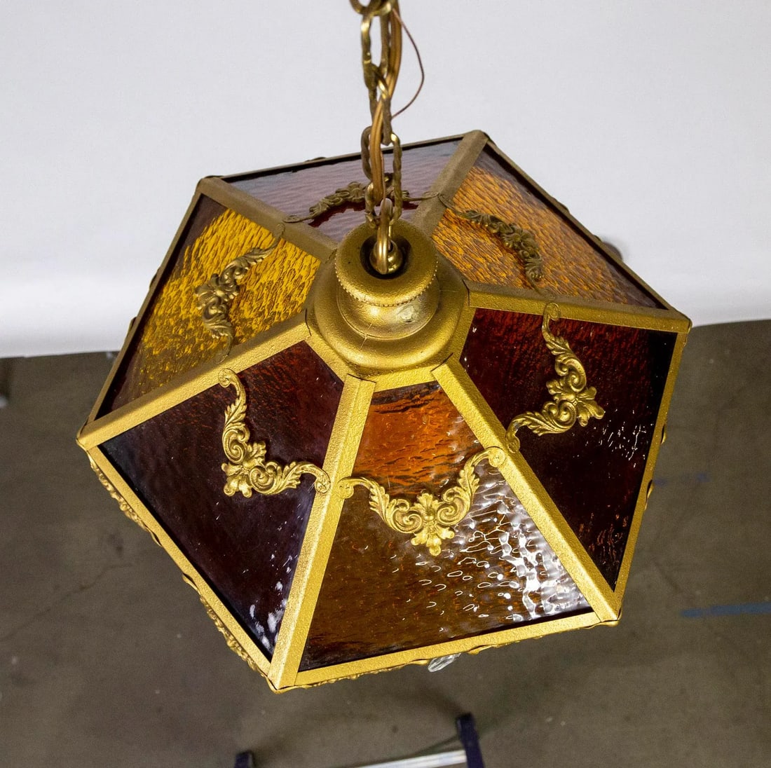Mid 20th Century Paneled Amber Glass Pendant Light With Crystal Accents - 5