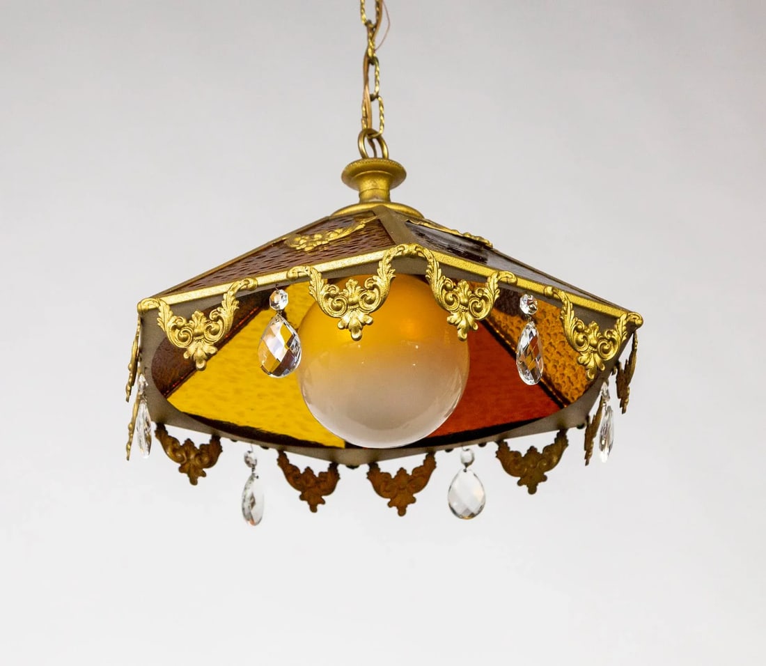 Mid 20th Century Paneled Amber Glass Pendant Light With Crystal Accents - 7