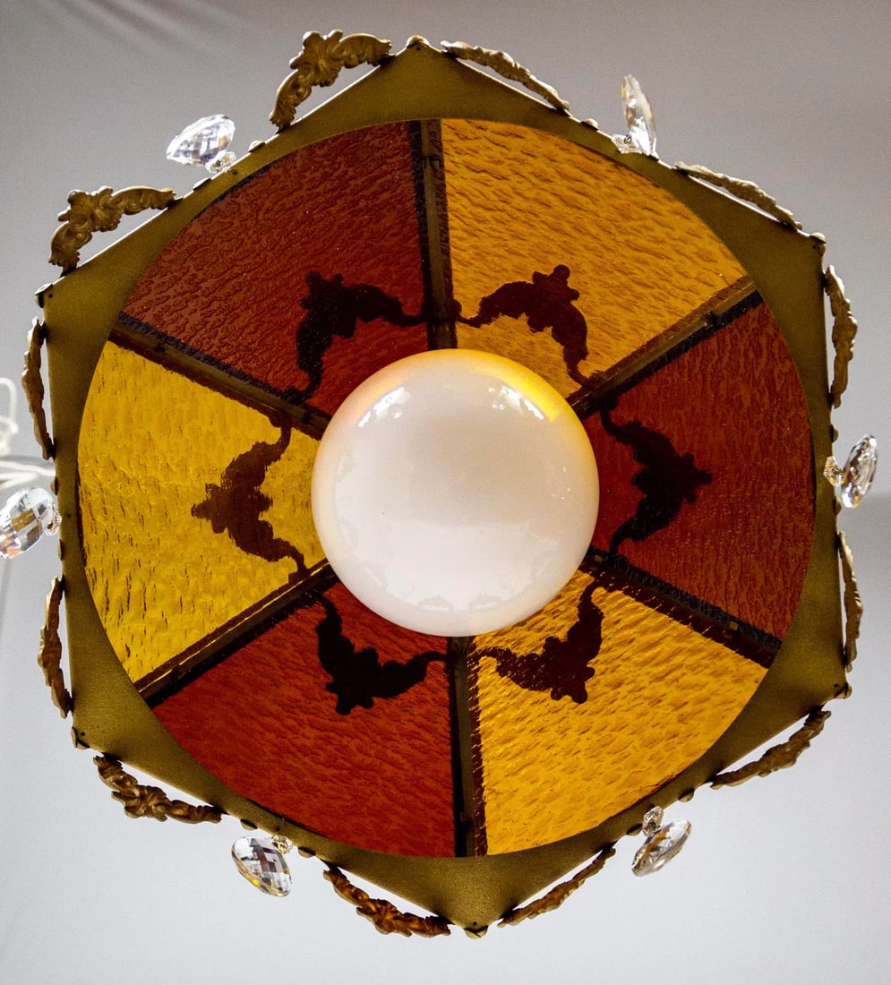 Mid 20th Century Paneled Amber Glass Pendant Light With Crystal Accents - 8