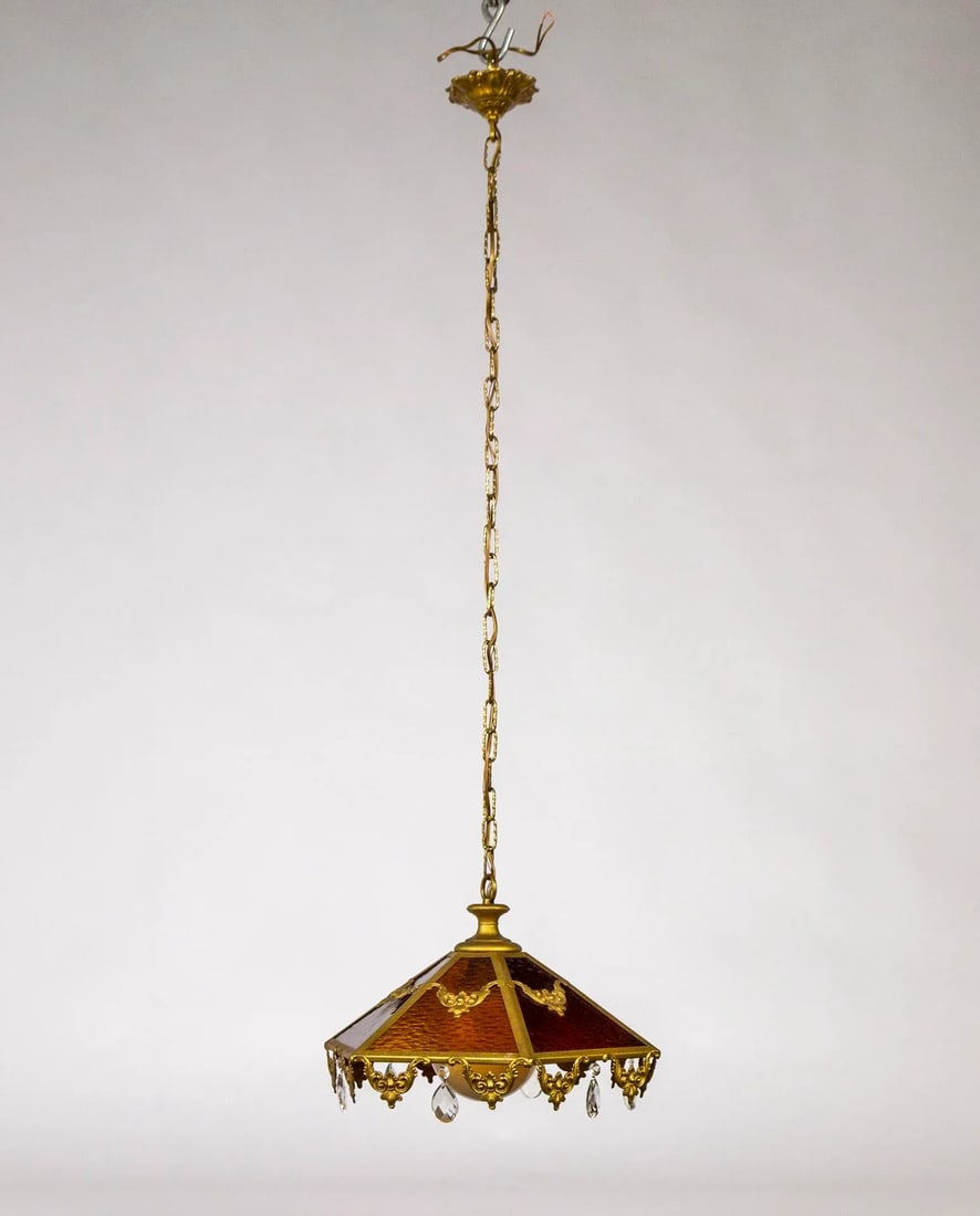 Mid 20th Century Paneled Amber Glass Pendant Light With Crystal Accents - 9
