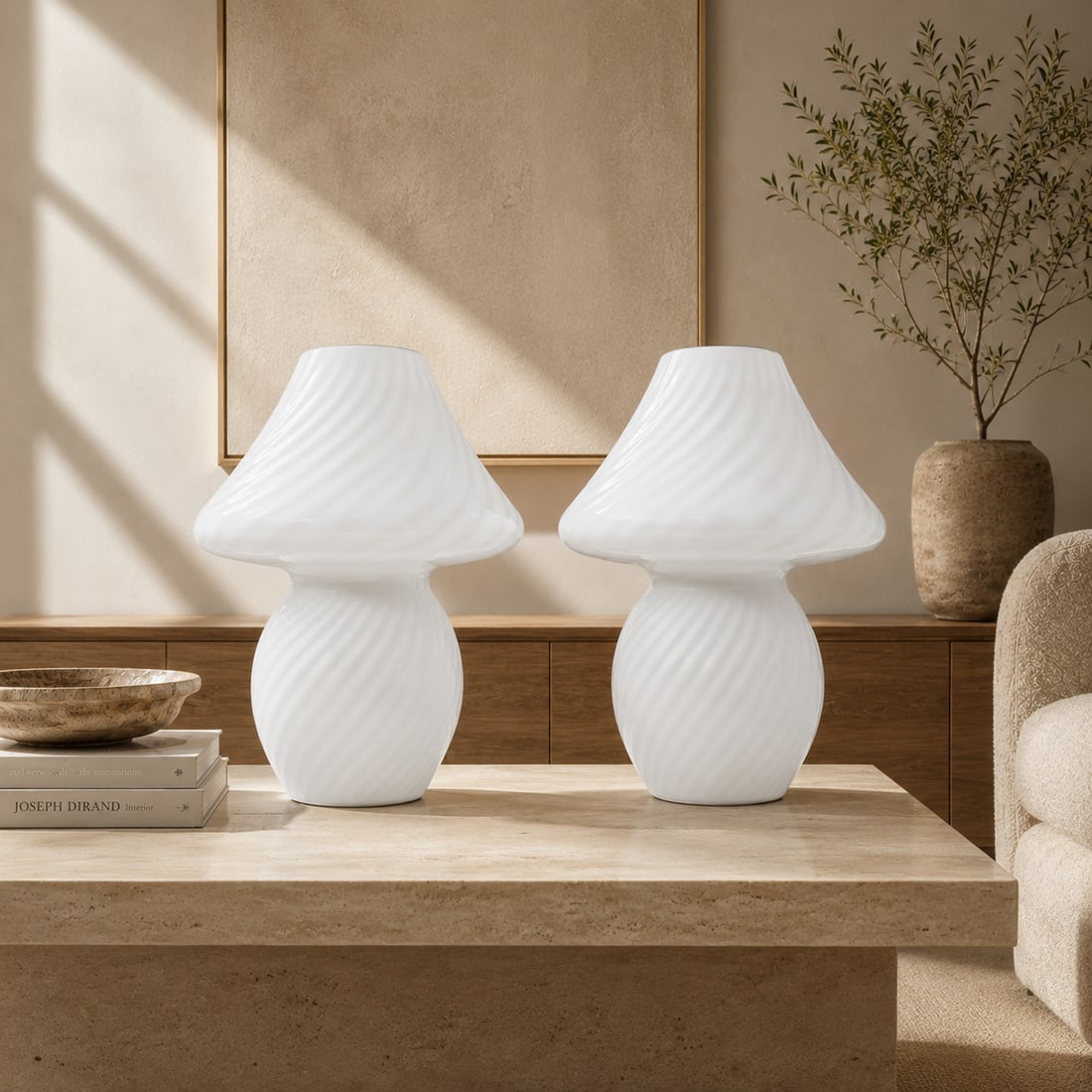 Vintage Italian White Murano Mushroom Lamps - a Pair - 10