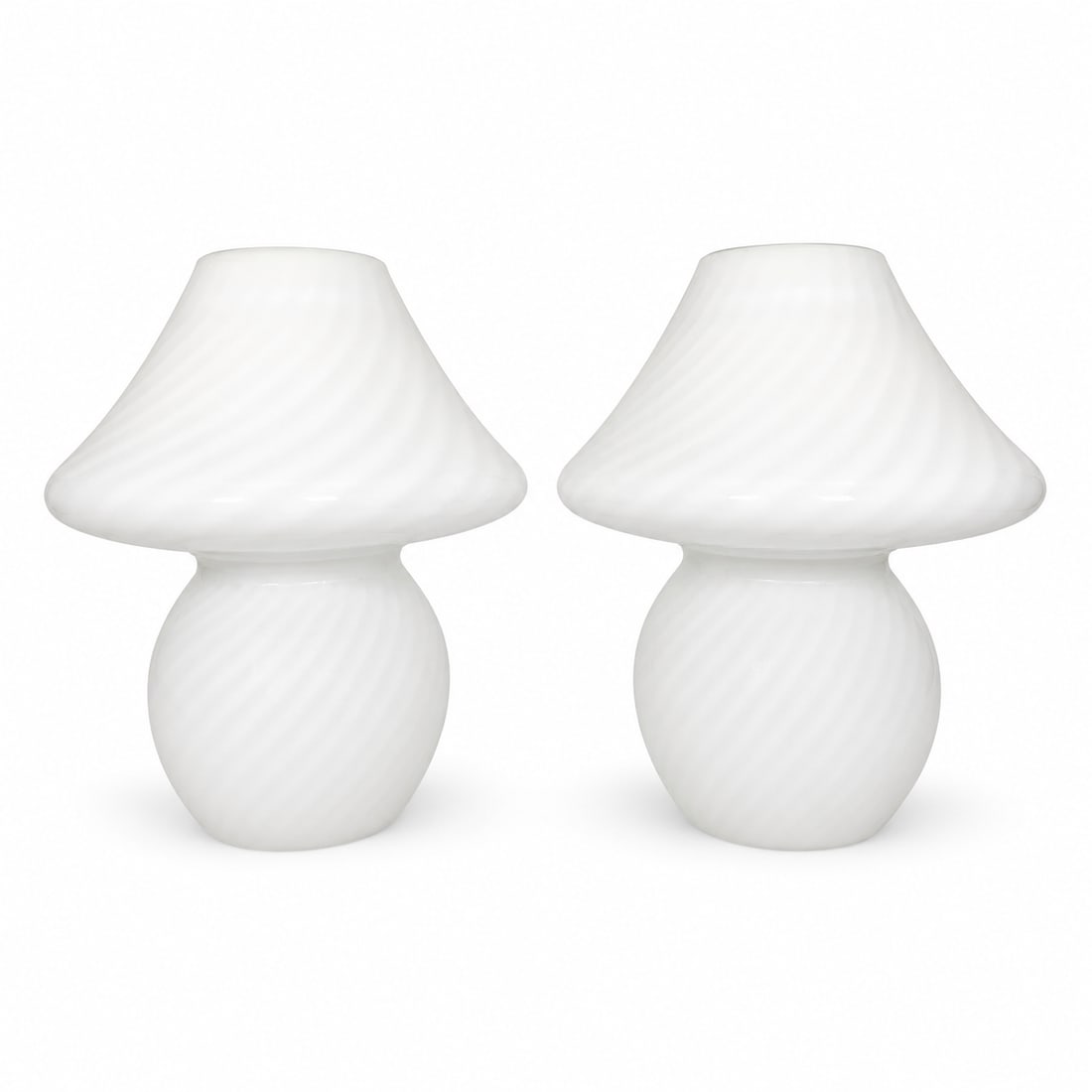 Vintage Italian White Murano Mushroom Lamps - a Pair: Beautiful pair of white Italian Murano mushroom lamps. Perfect for any living space to add a touch of mid-century modern feel and art. 14.5H 13W/D Condition: Alterations: Original Condition Unaltered