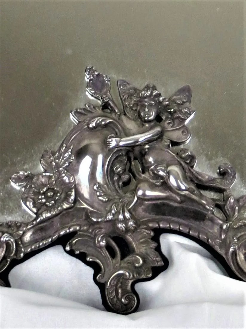 1950s Vanity Sterling Silver Mirror With Easel Stand and Cherubs - 2