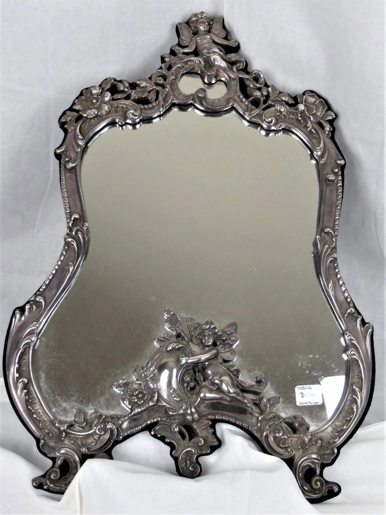 1950s Vanity Sterling Silver Mirror With Easel Stand and Cherubs - 3