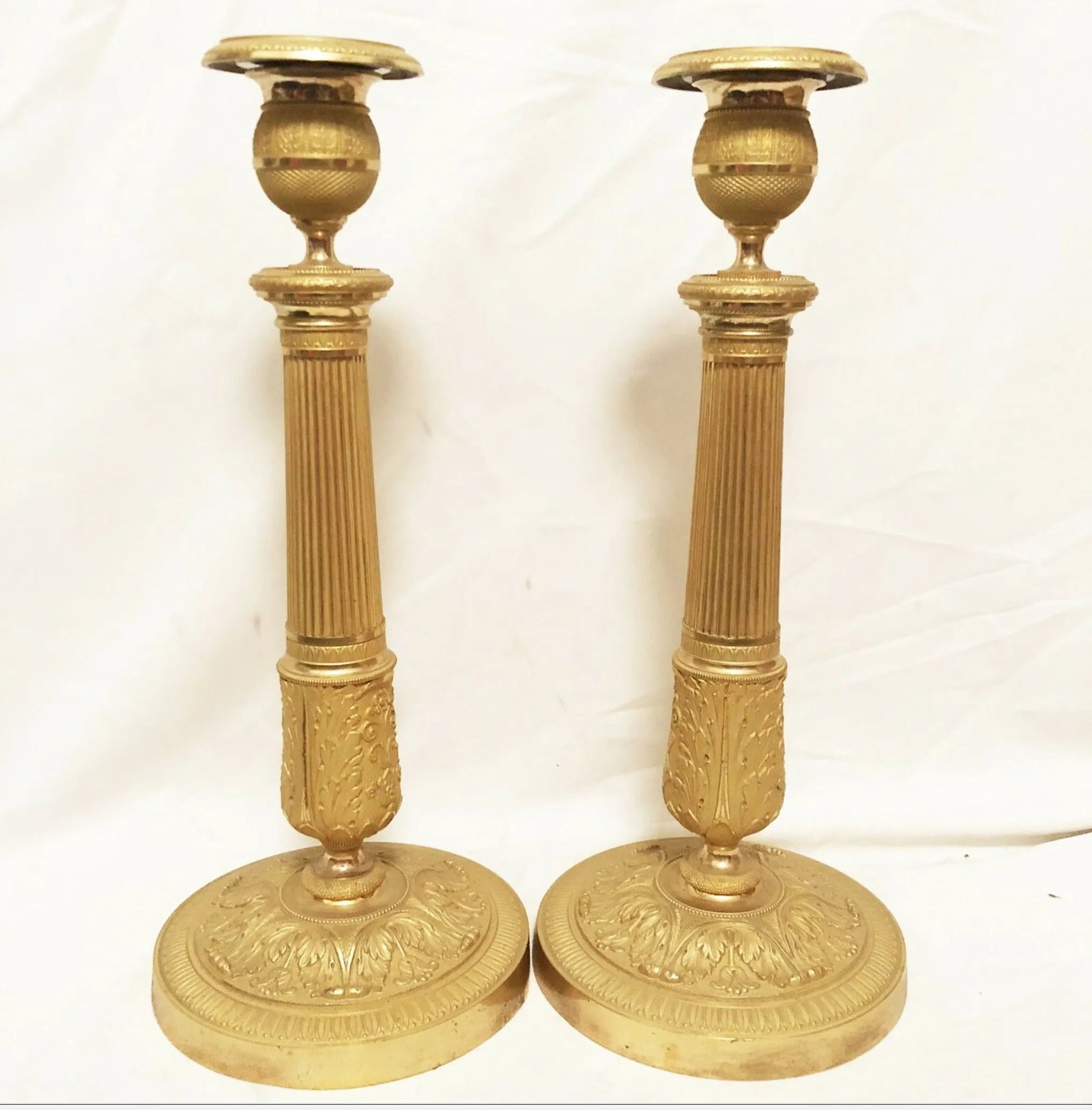 French Empire Gilt Bronze Ormulu Candlesticks - a Pair - 10