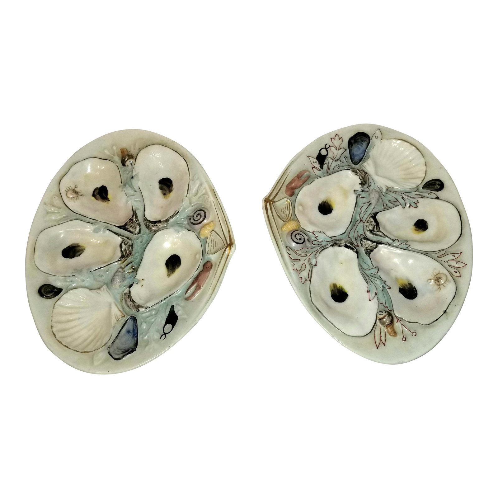 Late 19th Century Antique American Union Porcelain Works Oyster Plates - Set of 2: Hand painted in 1881 in Greenport New York, a beautiful pair of oyster plates. No chips, no cracks, slight yellowing from age. Perfect for a small gathering, romantic dinner. Condition: Alterations: O