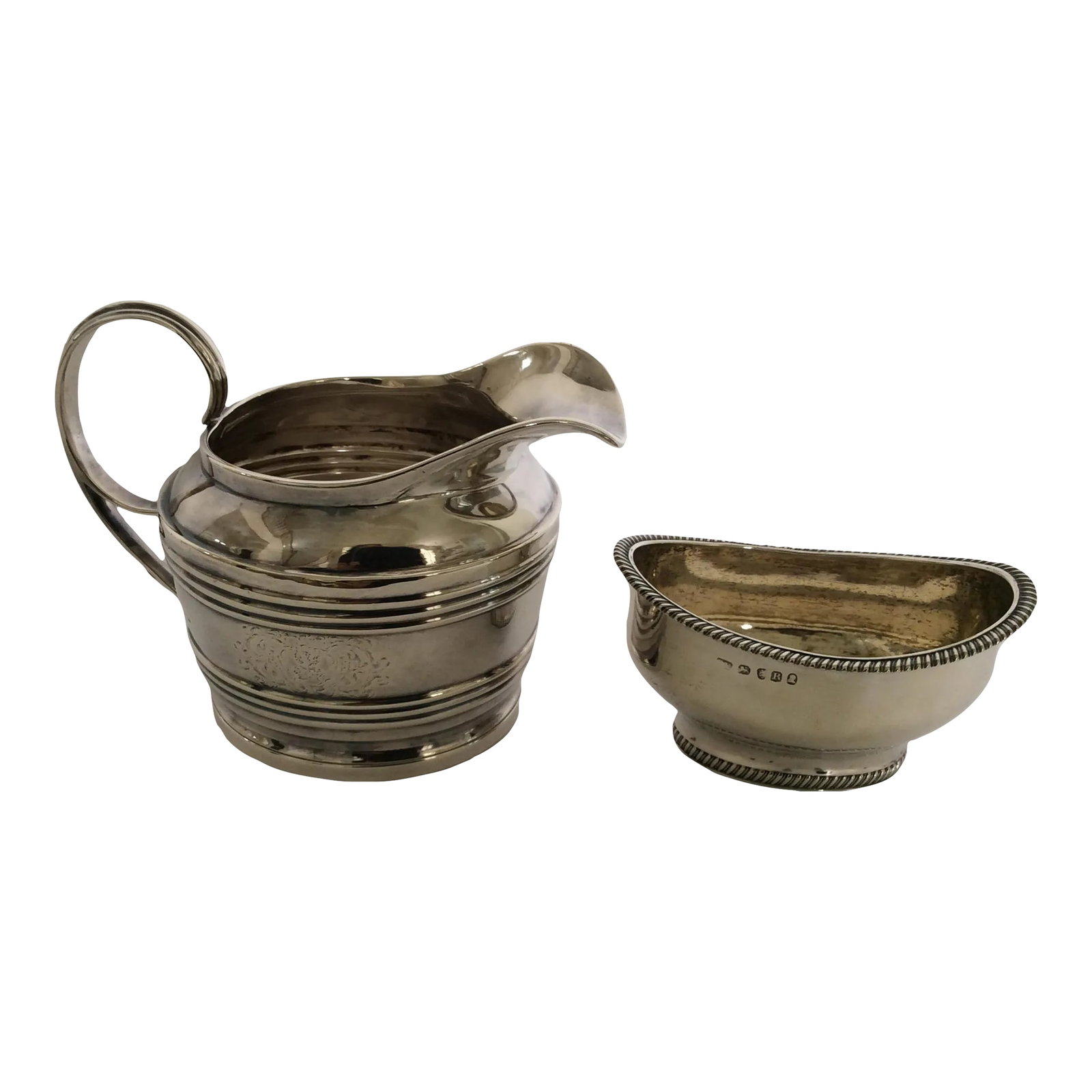 19th Century George Lll English Sterling Silver Creamer and Footed Bowl- 2 Pieces: Their George lll creamer and footed bowl were created in the early 19th Century in 1812 England and one of the pieces was designed by renowned silversmith Crispin Fuller. There are makers mark's,