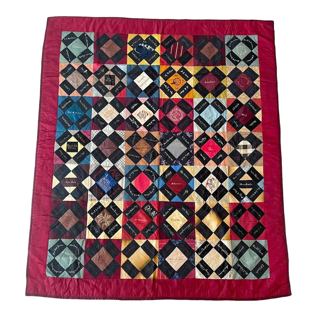 Antique Patchwork Embroidered Sampler Quilt, Mid 19th Century (1 of 9)