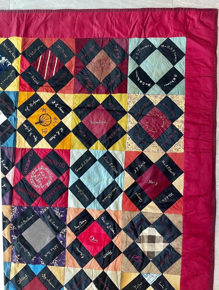 Antique Patchwork Embroidered Sampler Quilt, Mid 19th Century - 6