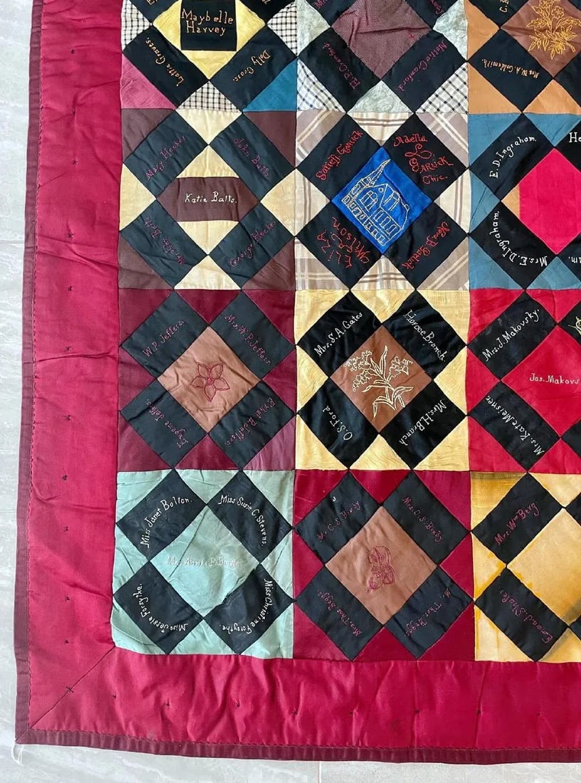 Antique Patchwork Embroidered Sampler Quilt, Mid 19th Century - 7