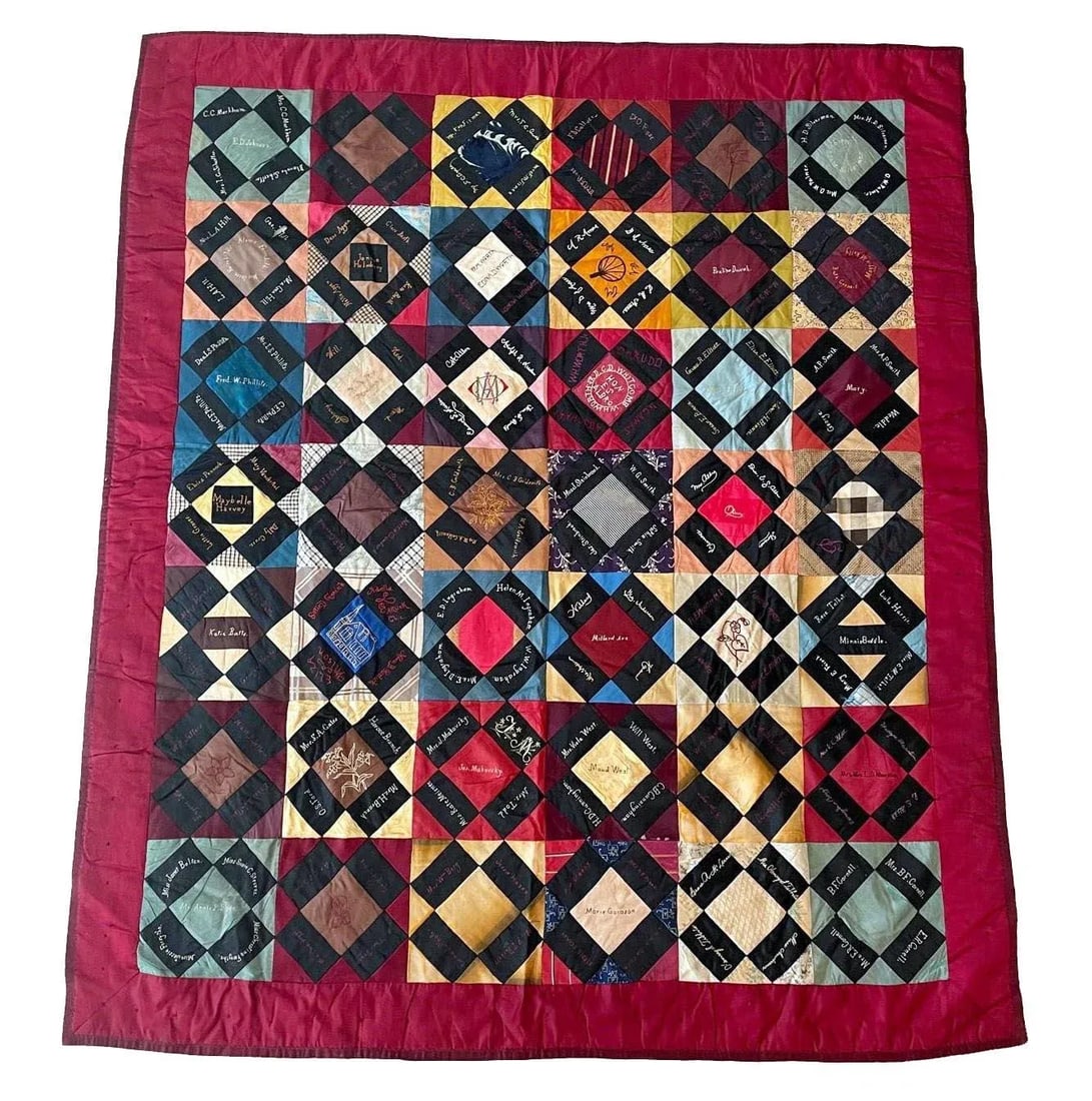 Antique Patchwork Embroidered Sampler Quilt, Mid 19th Century - 9