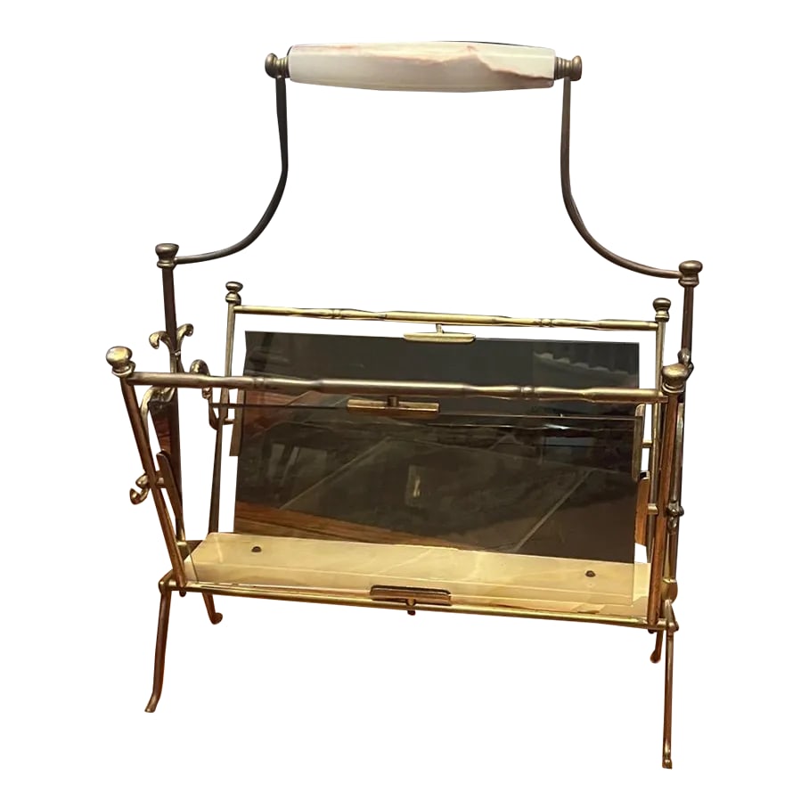 1960s Mid-Century Modern Brass, Smoked Glass & Onyx Magazine Rack in the Manner of Maison Bagues.: A striking and sophisticated mid-century French magazine rack executed in solid brass, smoked glass, and exceptionally thick onyx-an elevated example of the Hollywood Regency aesthetic in the manner
