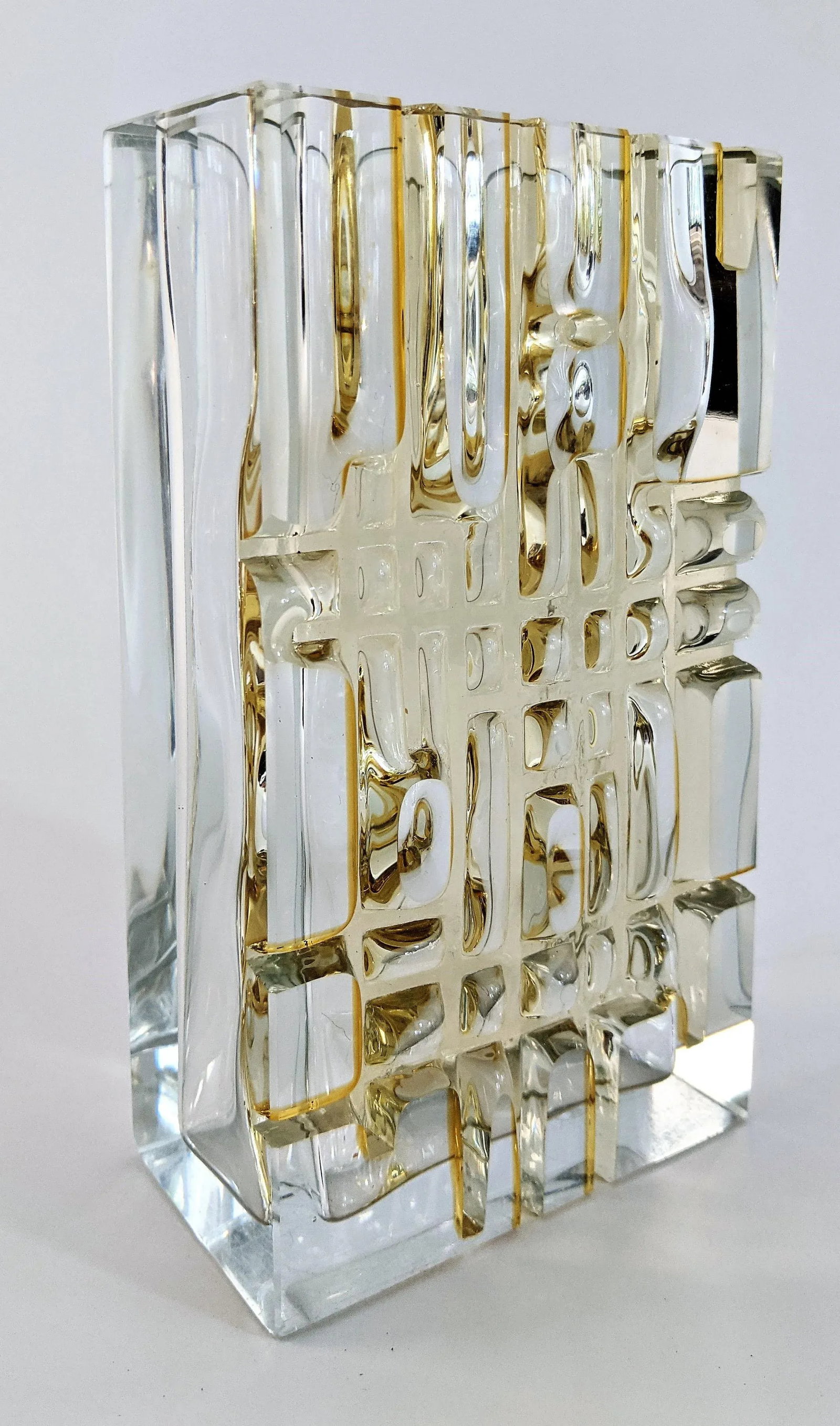 Czech Exbor Designed by Ladislav Oliva Golden Grid Glass Vase 1958 - 2