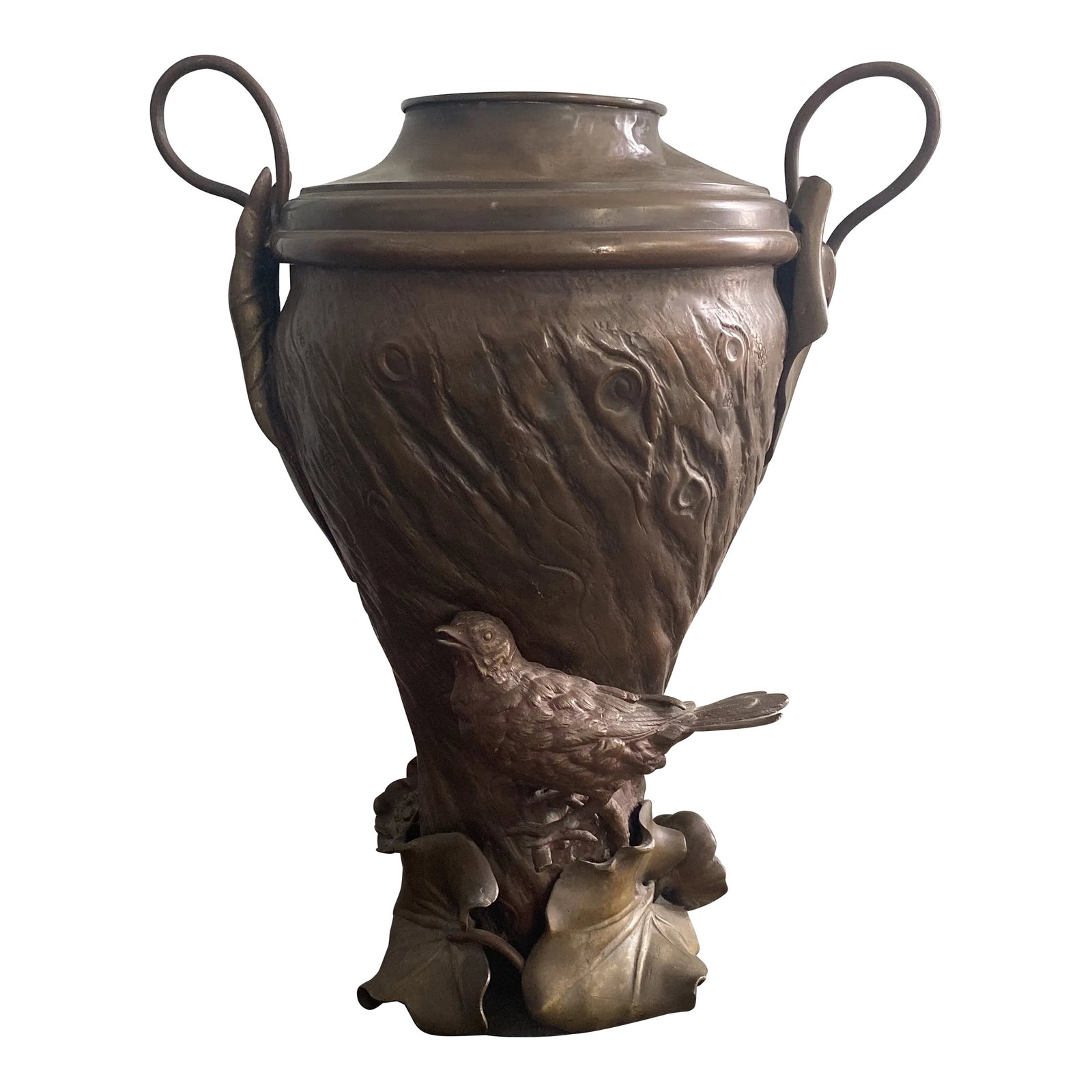 19th Century Figural Bird Copper Bronze Urn: Listing is for a figural copper and bronze urn or vase. I wasn't able to identify any marks, but it was clearly made by someone very skilled in metal work and sculpture. A small bird is perched on a b