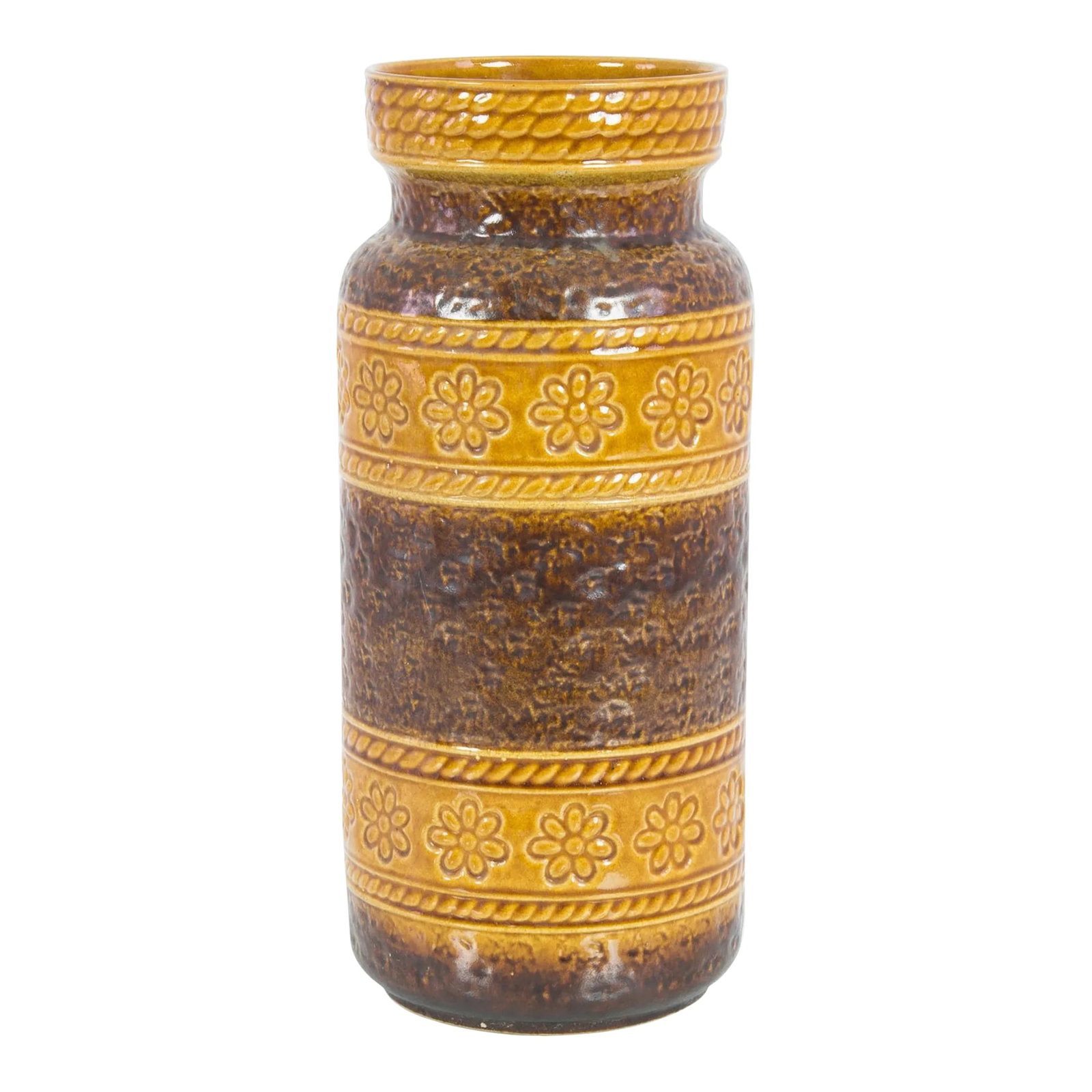 1960s W. Germany Ceramic Vase: This ceramic vase was made in Germany, circa 1960. It was produced during the period of West German Pottery, a postwar ceramics style known for its expressive nature and experimentation with glazes.