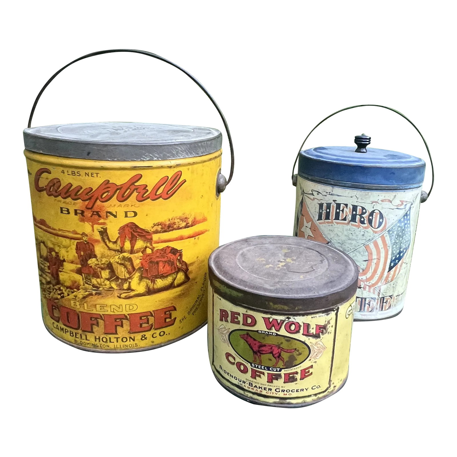 Early 20th Century Advertising Coffee Tins - Set of 3: Lot of rare three assorted advertising antique coffee tins perfect for any country kitchen. Campbell brand, Hero and Red Wolf all late 19th Century early part of 20th. *Great color Condition: Alterati