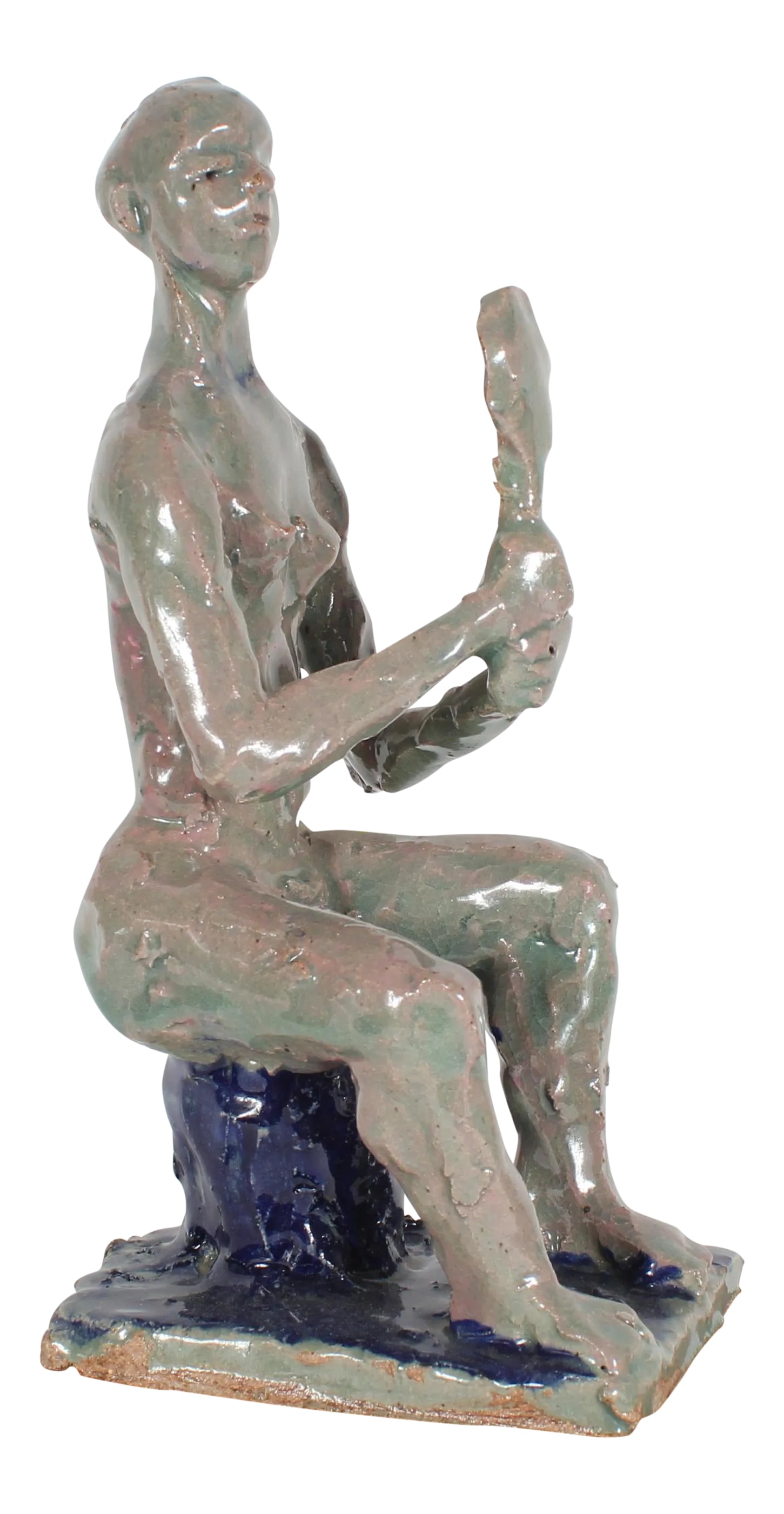 20th-21st Century Clay Figure Sculpture by Dave Fox: A clay sculpture of a nude female figure sitting up straight with a mirror in hand. Made in the 20th - early 21st century by Viennese/ Southern California artist Dave Fox (1920-2011). Fox received his