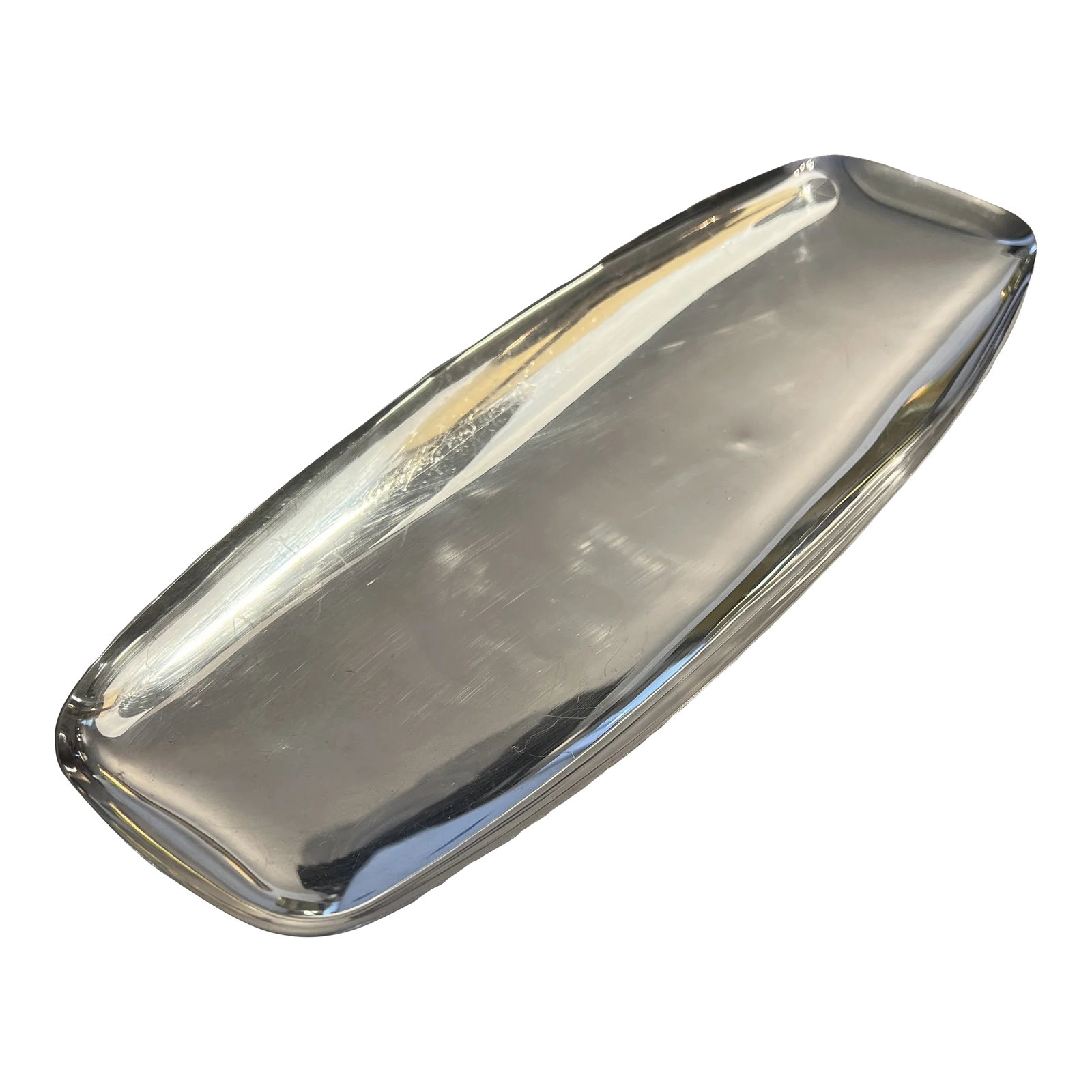 Original Macy's Silver Shop Oblong Serving Tray/ Dish Signed: From the Macy's Silver Shop, this signed metal serving tray or dish is footed and shapely. Great for soft cheese's with crackers, nuts and pretzels, asparagus, you name it. Great shape. Condition: Alt