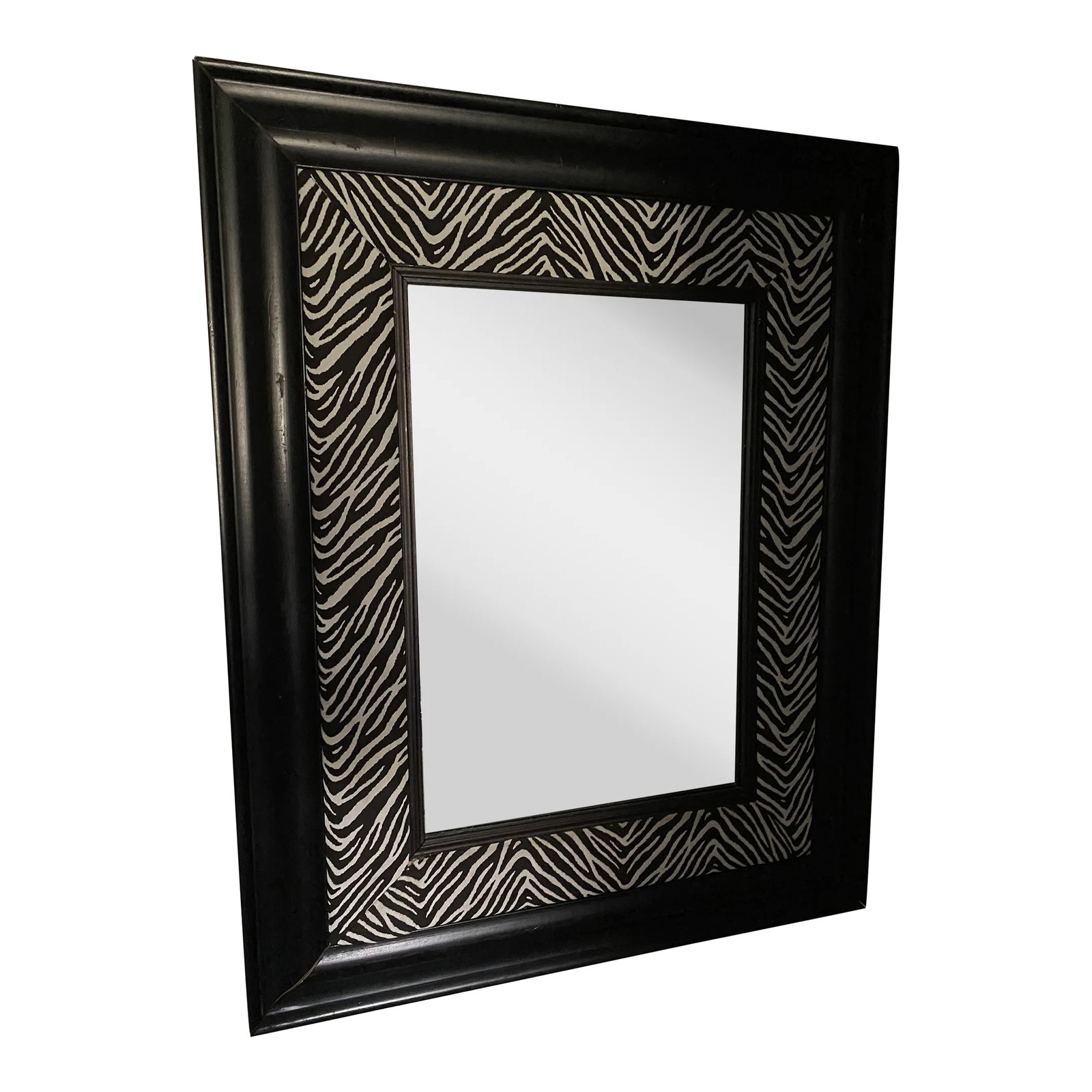 1970s Large Anthony Redmille Style Faux Zebra Mirror: Wonderful extra large dark Avenue framed mirror matted with faux zebra fabric done in the manner of Anthony Redmile Condition: Alterations: Original Condition Unaltered Imperfections: Some Imperfectio