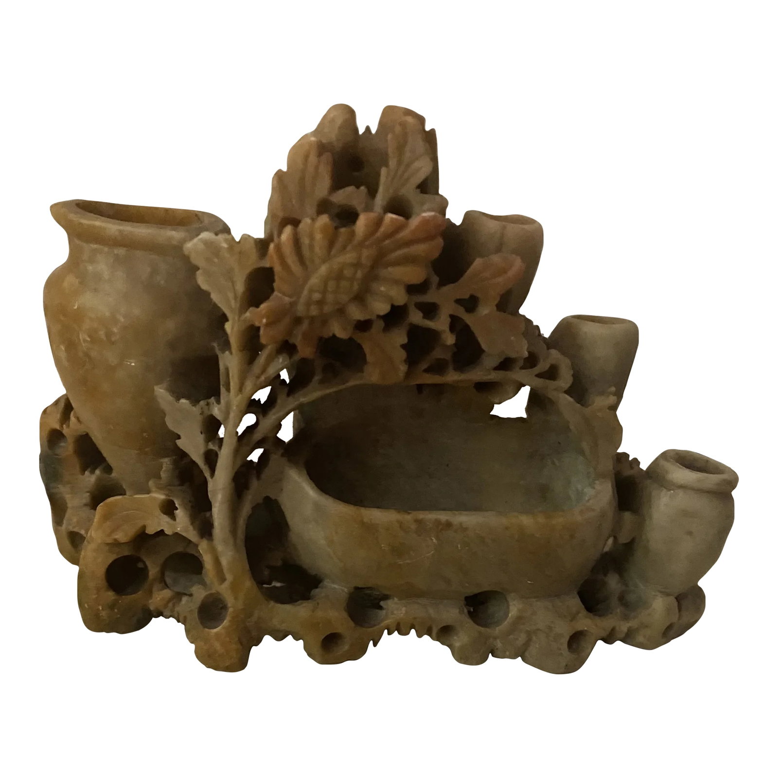 1940s Asian Carved Soapstone: The workmanship the color the detail everything speaks to super super rich piece of soapstone Condition: Alterations: Original Condition Unaltered Imperfections: Some Imperfections Condition Notes: