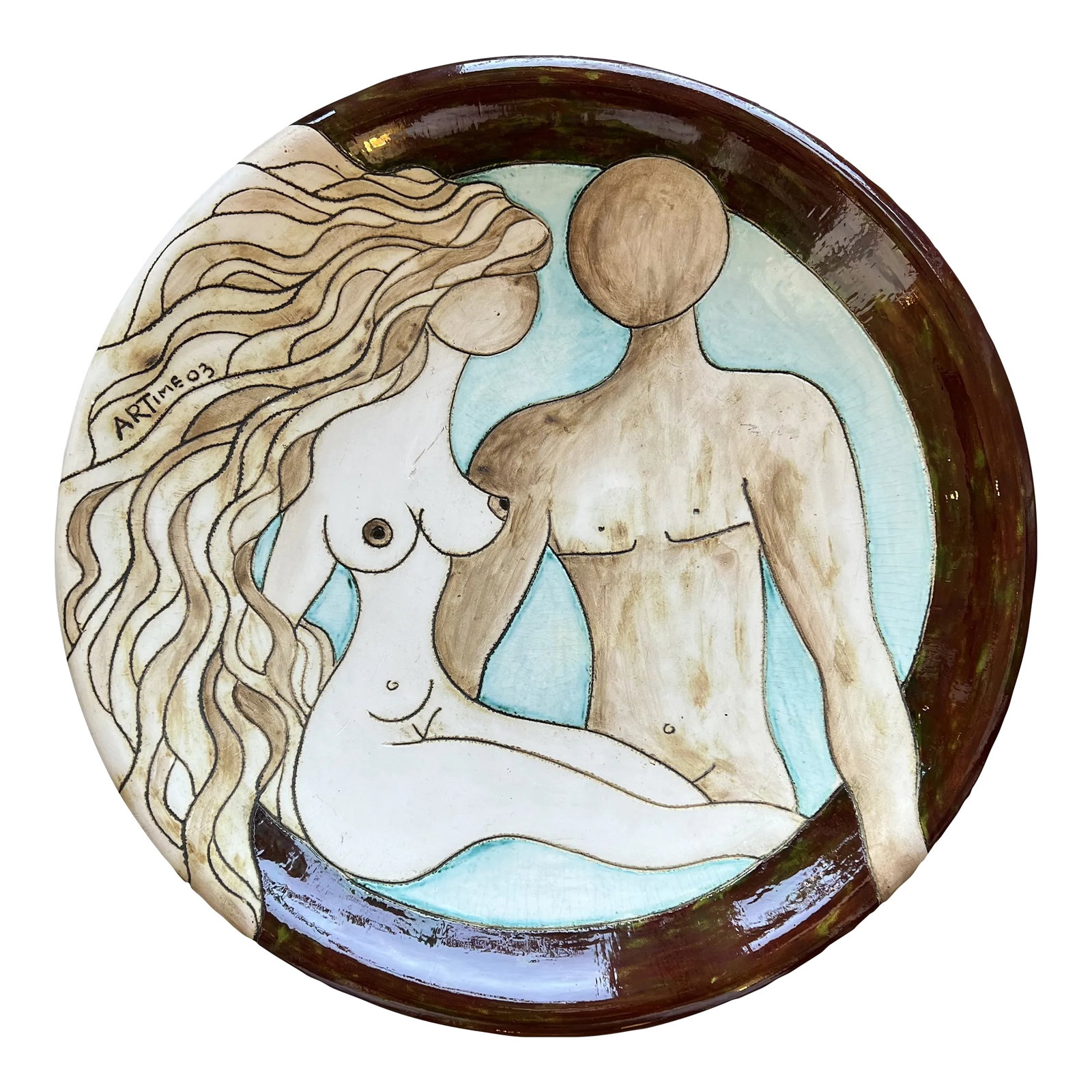 Large Ceramic Platter/ Bowl Signed Artime 03: Large round ceramic platter depicting a man and a woman. Her hair has an art nouveau style to it and the overall feeling of the platter is attractiveness and romance. The coloration is great with