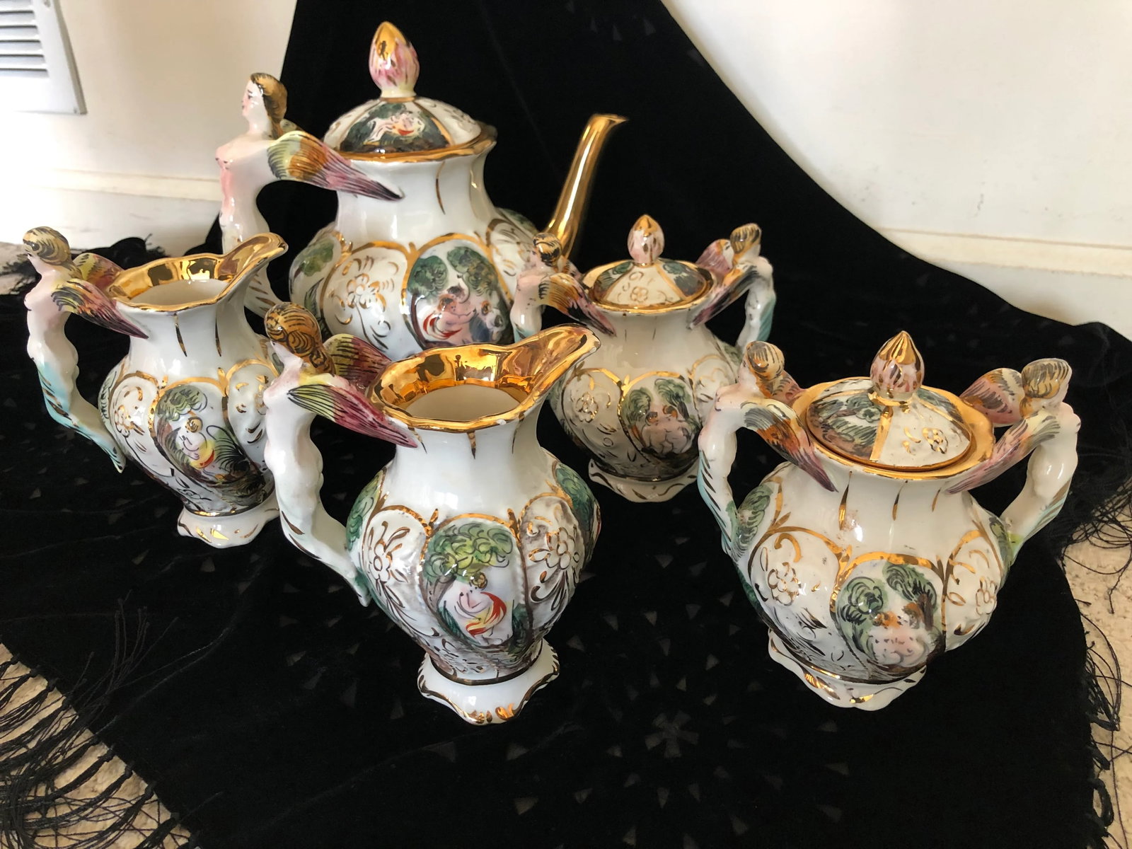 1920s Capodimonte Coffee Pot Creamers and Sugar Bowls Serving Set- 5 Pieces - 10
