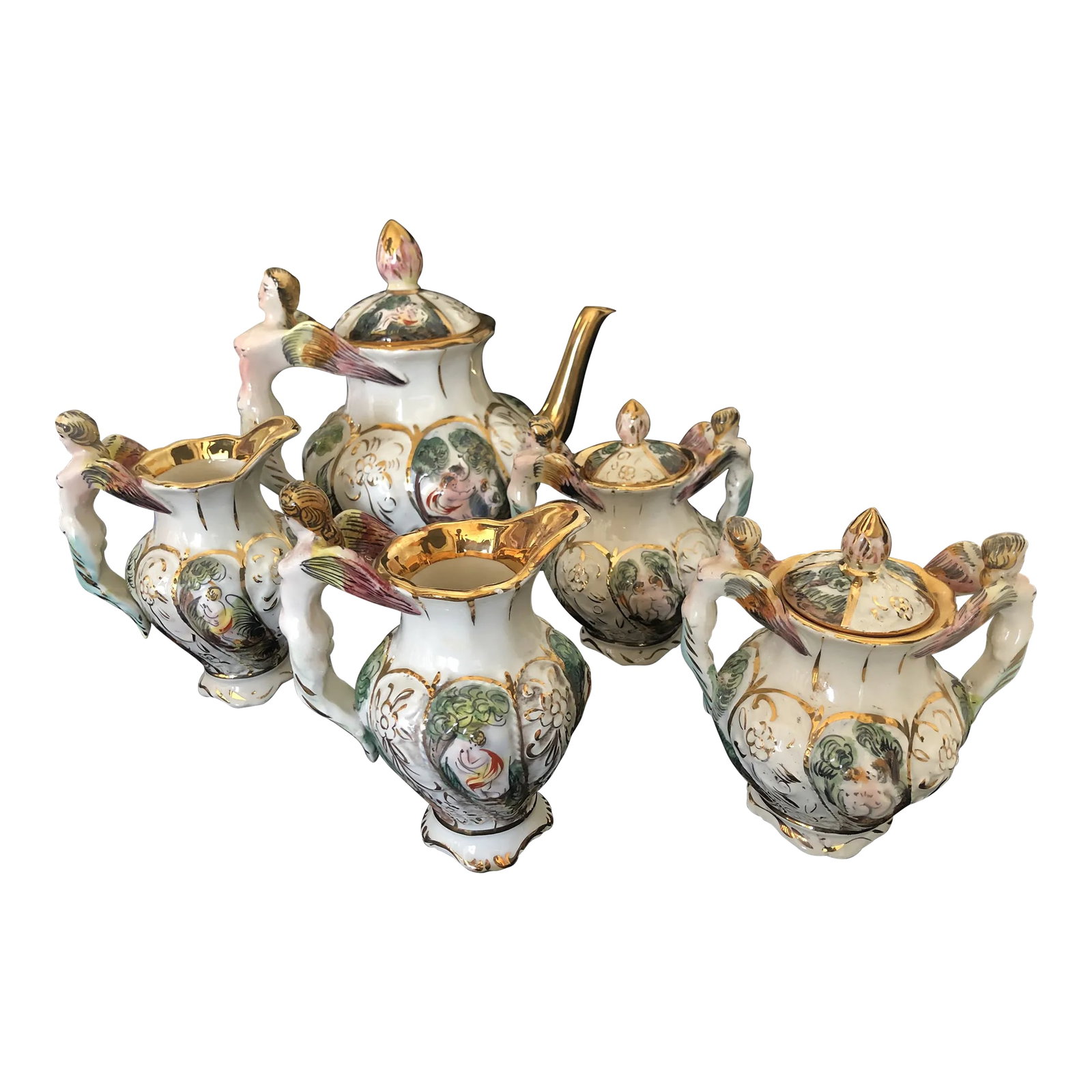 1920s Capodimonte Coffee Pot Creamers and Sugar Bowls Serving Set- 5 Pieces (1 of 10)