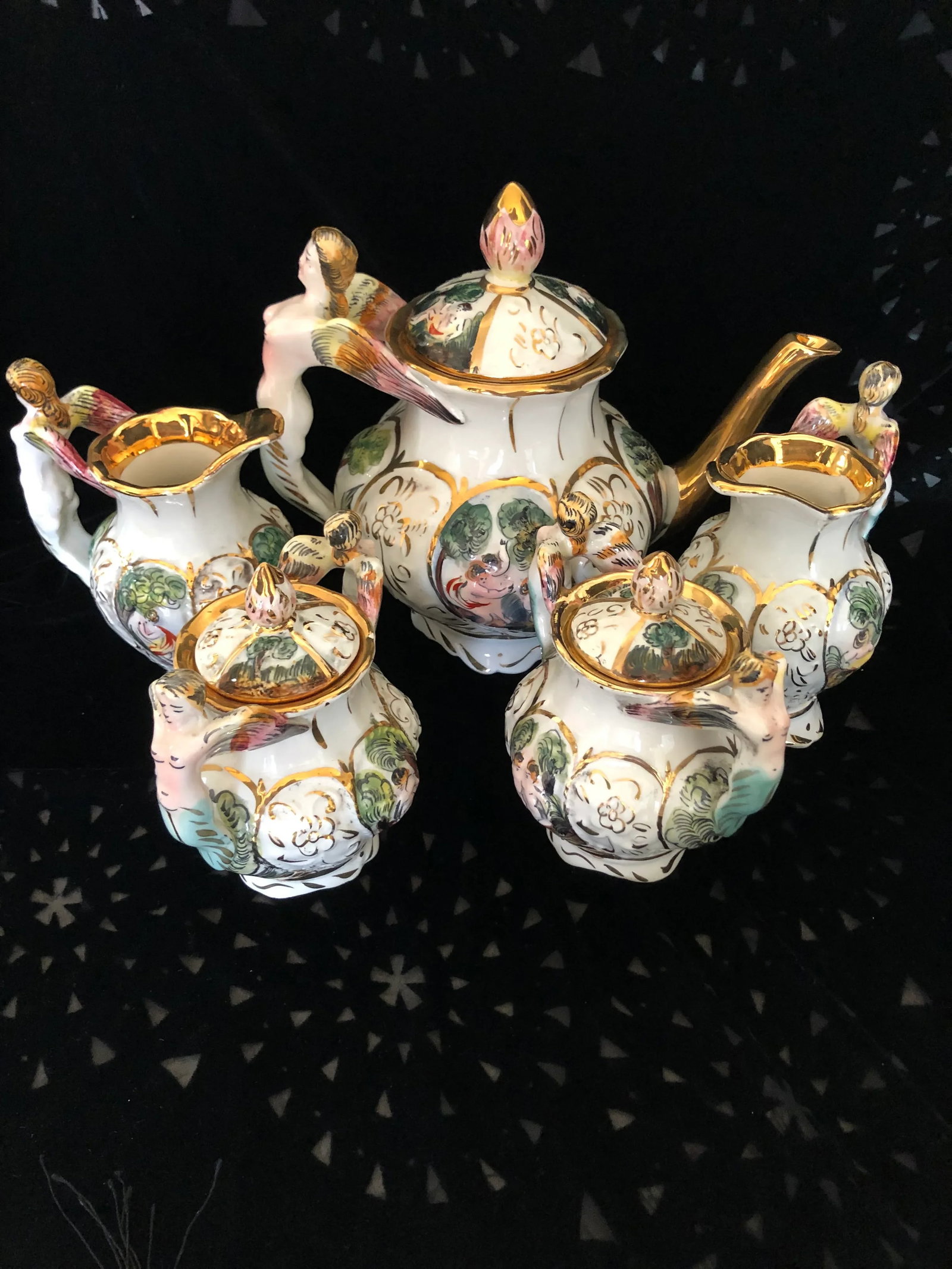 1920s Capodimonte Coffee Pot Creamers and Sugar Bowls Serving Set- 5 Pieces - 2
