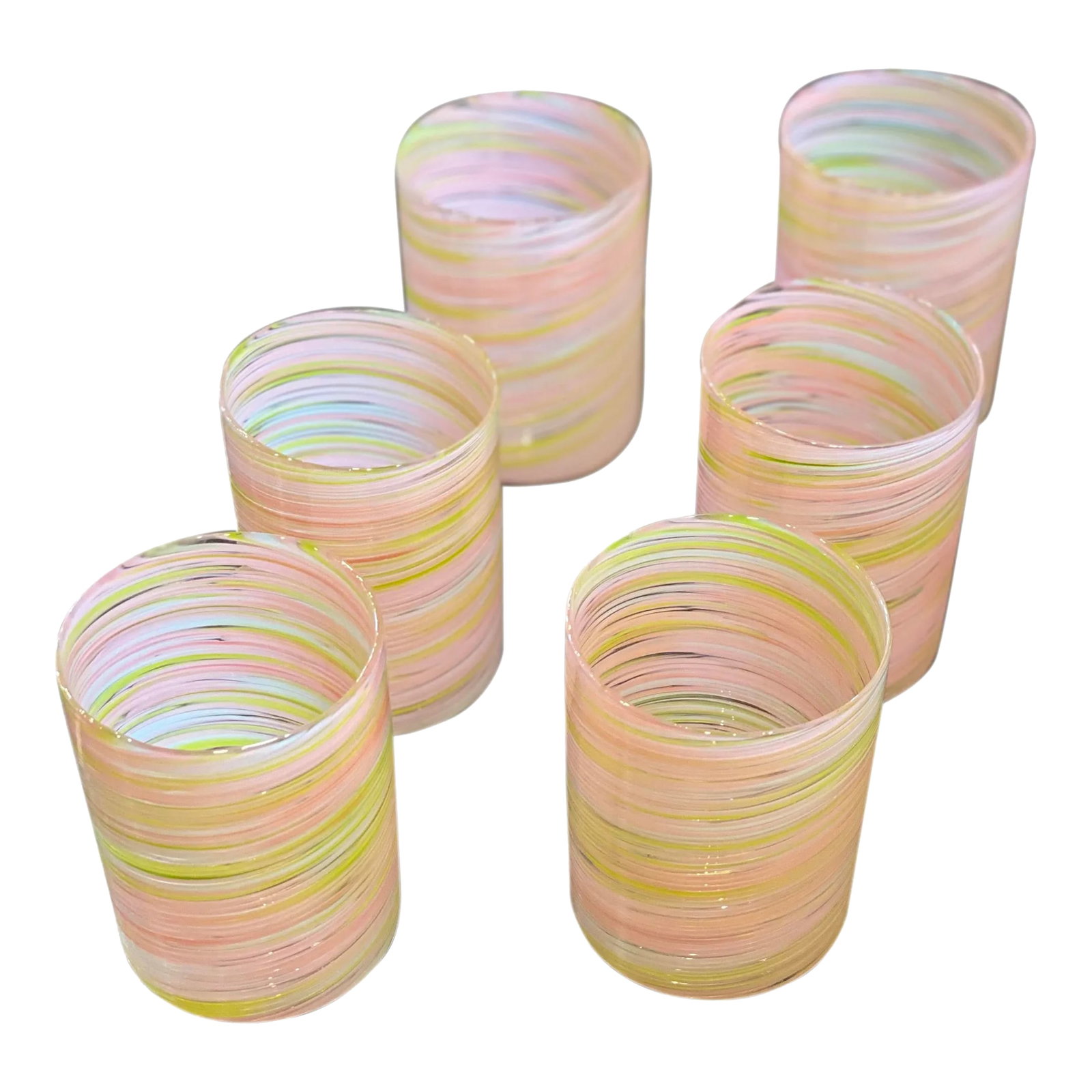 Contemporary Handmade Pink and Green Double Old Fashioned Glasses - Set of 6: This set of six handmade double old fashioned glasses are the perfect addition to your barware collection. Each glass has various shades of soft pinks and spring greens twisted through the body of the