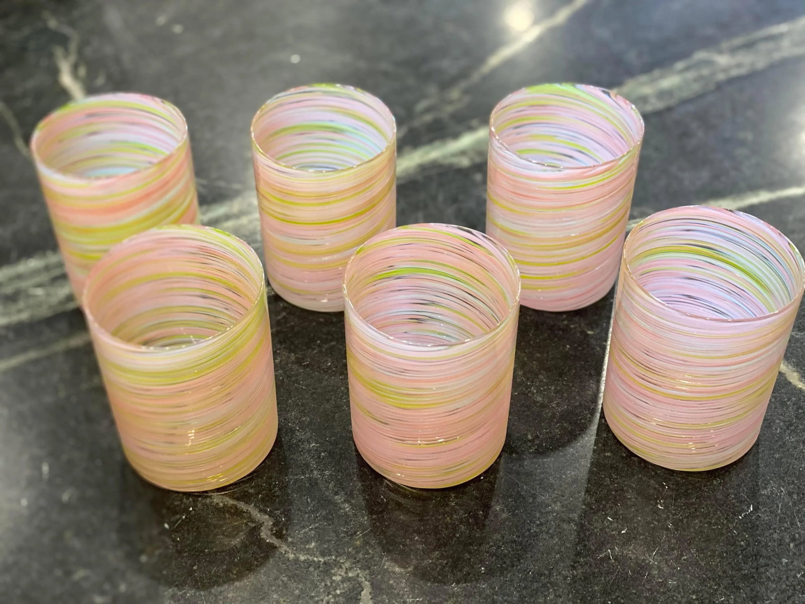 Contemporary Handmade Pink and Green Double Old Fashioned Glasses - Set of 6 - 2