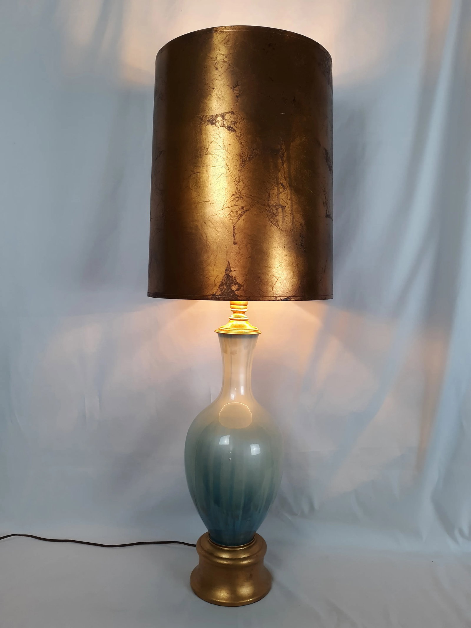 Vintage Blue Glass and Tole Covered Brass Lamp - 2